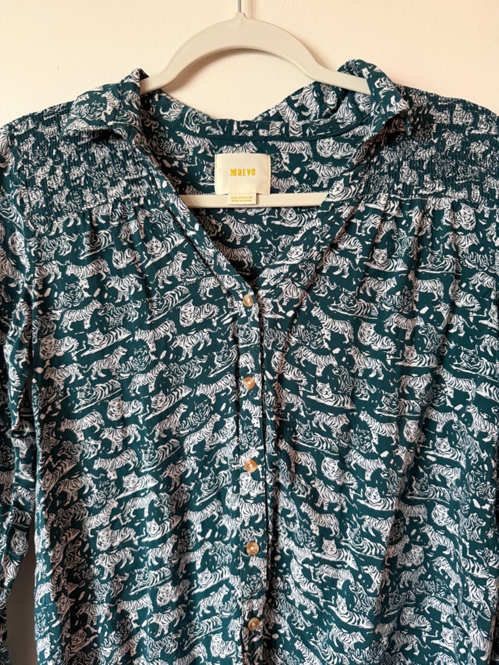 Maeve Navy Button-Down Shirt with Cream Animal Print - Picture 3 of 5